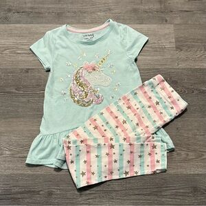 Two-Piece Outfit. Sequined Unicom Top & Matching Stripped Leggings   Size 8